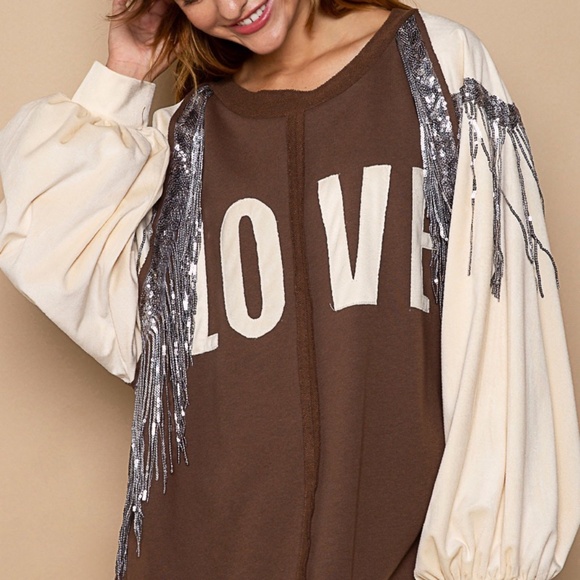 New POL Clothing Endless love Sequin Fringe Sweatshirt Pullover Brown Oversized - Picture 6 of 10